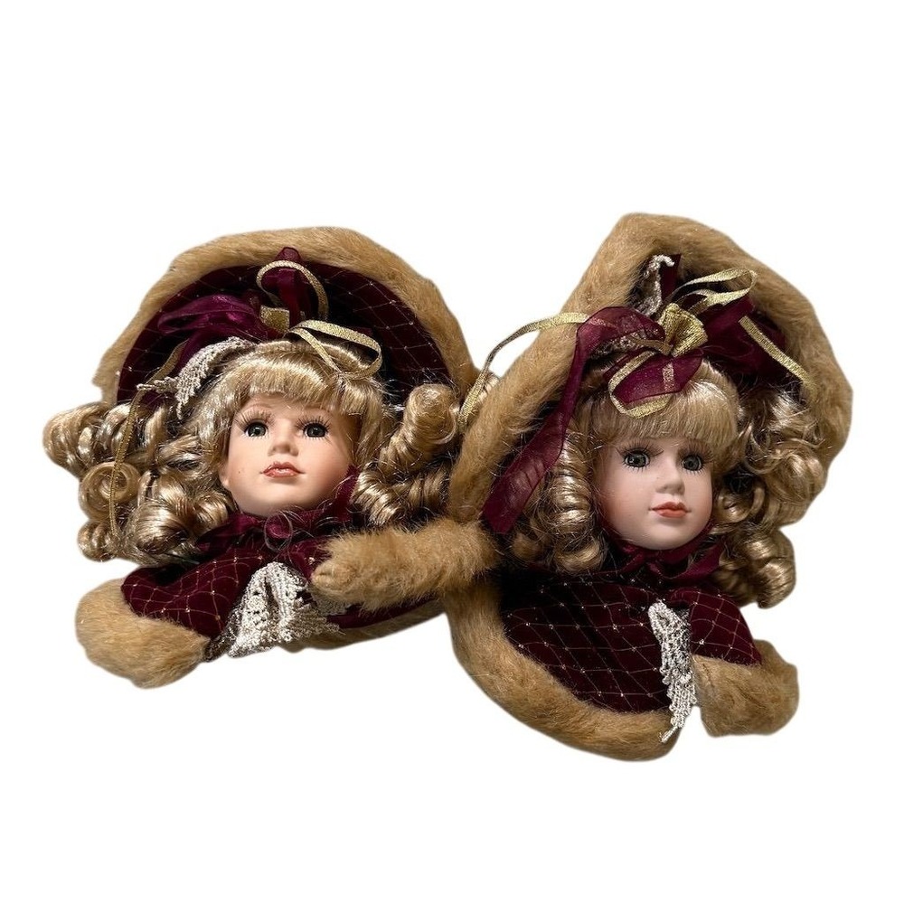 Victorian Doll‎ Head Christmas Ornaments Set of 2 Multicolor 12" fur trimmed